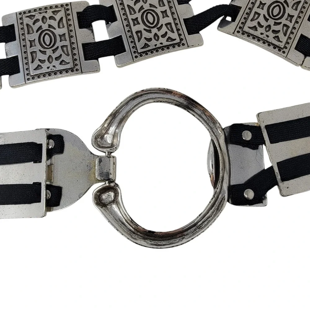 Vtg Silver Tone Belt Womens 2X Metal Squares Elastic Stretch Heavy Artsy Boho‎